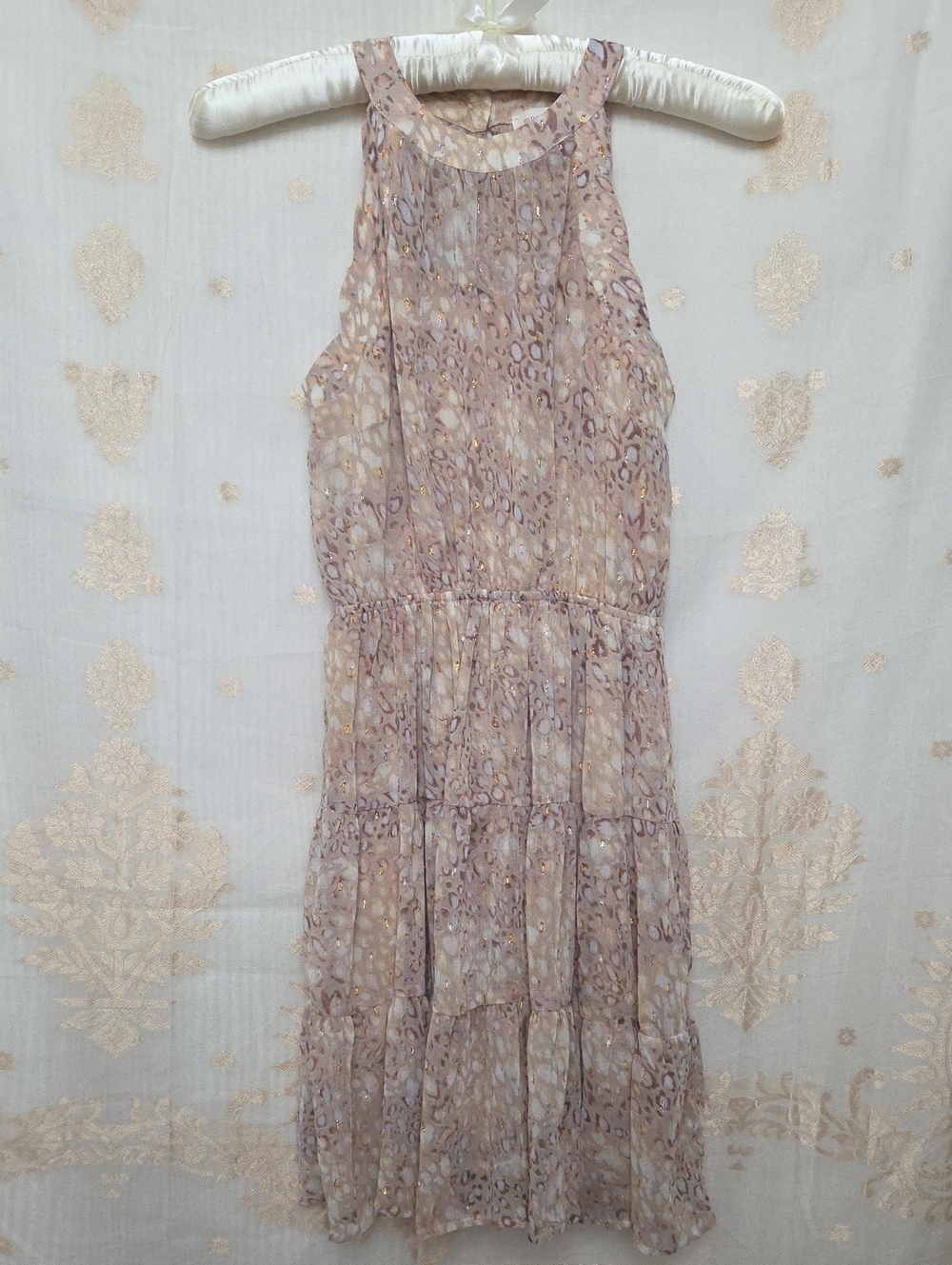 Sleeveless Tiered Dress in Mauve and Cream Print with Gold & Silver Accents- XS